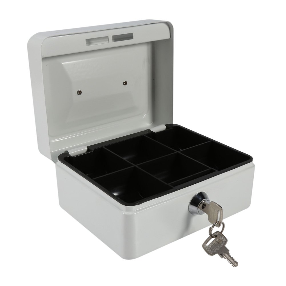 1Pc Metal Cash Box,Small Portable Steel Lockable Cash Security Box,Resistant Safe Lock Box with Key (White)