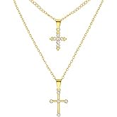 IRCOMULTI Boho Layered Gold Necklace for Women Crystal Cross Pendant Necklace Chain Cross Necklaces Dainty Layered Necklace Chain Jewelry