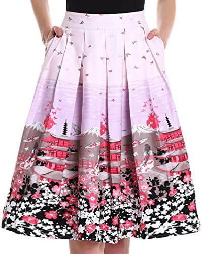 Yige Women's Vintage High Waist Flared Skirt Pleated Floral Print Midi Skirt with Pocket