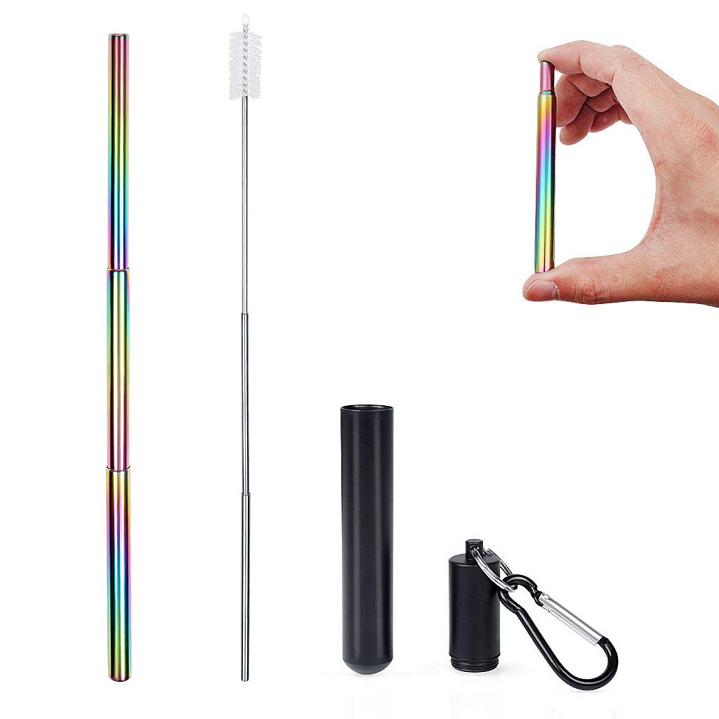 KELYDI Reusable Metal Straws Collapsible with Case, Eco-Friendly Retractable Folding Metal Straw Portable Drinking Straws for Home Office and Travel (Black & Iridescent)