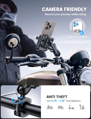 Lamicall Motorcycle Phone Mount Holder - [Aluminum Alloy] [Anti Shake] [Extendable Arm] Bike Phone Holder Handlebar Clamp, Bicycle Cell Phone Mount for iPhone 17 Pro Max 16 15, S24 S25 Ultra, Mom Gift
