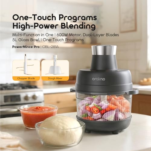 Oraimo Glass Chopper & Mincer,One-Touch Programs,600W Meat Mincer with 4 Removable Blade,Mixing dough sticks,5L Large Capacity,Blender Food Chopper for Meat,Vegetable, Fruits,Ice Crushing,Dough, Sauce