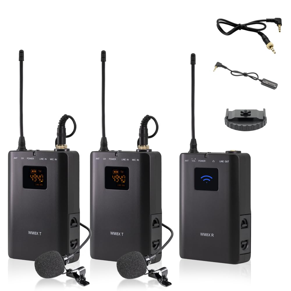 WM8S UHF Wireless Lavalier Microphone Video Camera Microphone with Monitor Function Compatible for DSLR Cameras Camcorders Smartphone for Interview Teaching Yoga Youtube Recording Program Hosting