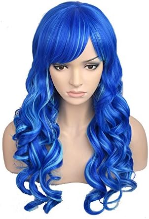 OUO HAIR Fiber Wig Fashion Wig Long Curls Mixed Blue High Temperature Silk Wig (Mixed Blue)