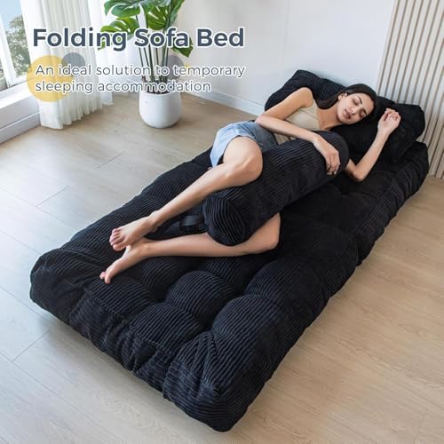 CTOBY Folding Sofa Bed, Convertible Sleeper Chair with Pillow Foldable Mattress with Back Support, Portable Fold Out Chair Bed Comfy Floor Sofa Lounge for Living Room Bedroom, Black, Single