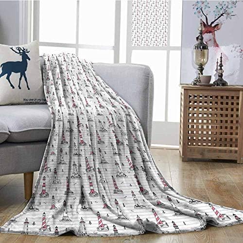 SONGDAYONE Bedroom Blanket Lighthouse Soft to The Touch Notebook Pattern with Nautical Elements Seagulls and Anchors Doodle Style Pink Lilac Black W60 xL80