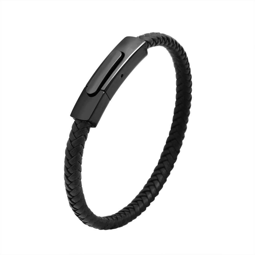 Geoffrey Beene Men's Braided Genuine Leather Fashion Bangle Bracelet with Stainless Steel Clasp (Black): Clothing