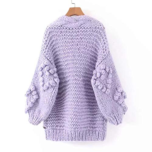 Eoeth Solid Knitted Coat for Women Casual Puff Sleeve Knit Cardigan Sweater Outerwear Loose Overcoat Warm Winter Purple