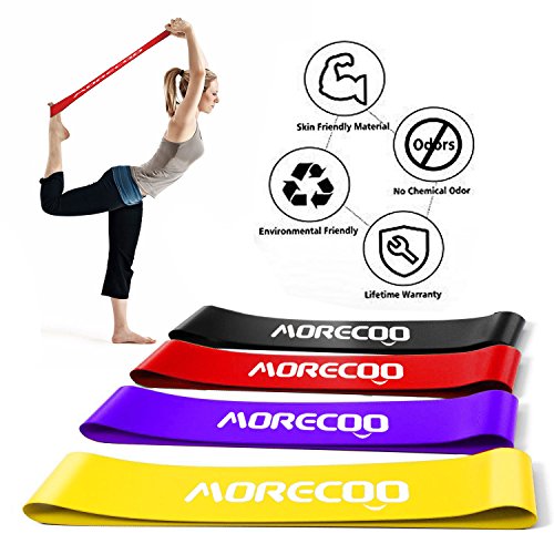 Resistance Loop Bands-MORECOO Exercise Bands for legs - Home& Gym Workout Bands for Yoga Fitness,Stretching and Physical Therapy- Includes Exercise Guides& Handy Carry Bag (Set of 4 pcs)