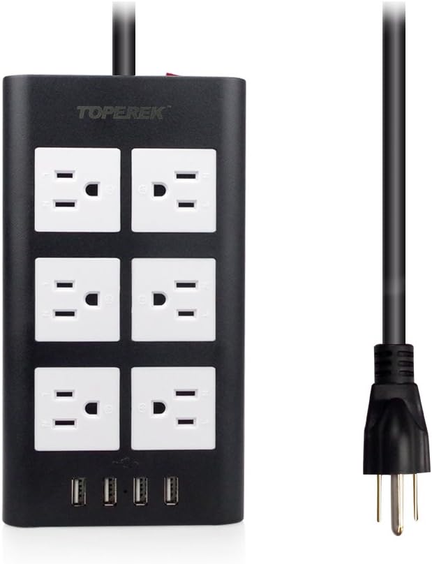 Toperek Power Strip Surge Protector Flat Plug 6 AC Outlets 4 USB Ports Desktop Charging Station with 6.5 ft Extension Cord for Household & Office Black and White