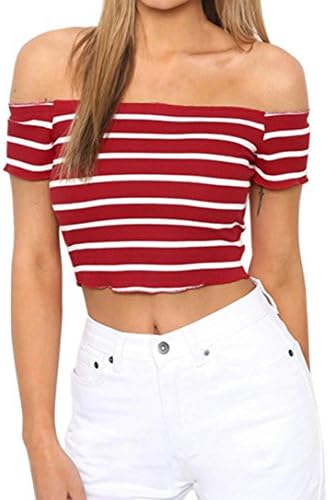 Women Ladies Multi White Striped Off Shoulder Short Sleeve Slash Neck Blouse Tops Clothes T Shirt (S, Red)