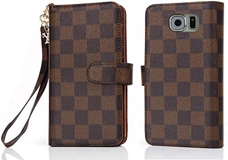 For Samsung galaxy s 6 7 8 + plus note Luxury Famous Deluxe Monogram Flowers Grid Leather Flip Filo Wallet Bag Card Cash Case Cover S (Grid Brown, Samsung galaxy note 5)