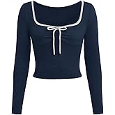 SweatyRocks Girl's Ruched Crop Tops Bow Long Sleeve Square Neck Pullover Shirt Slim Fit Going Out Top