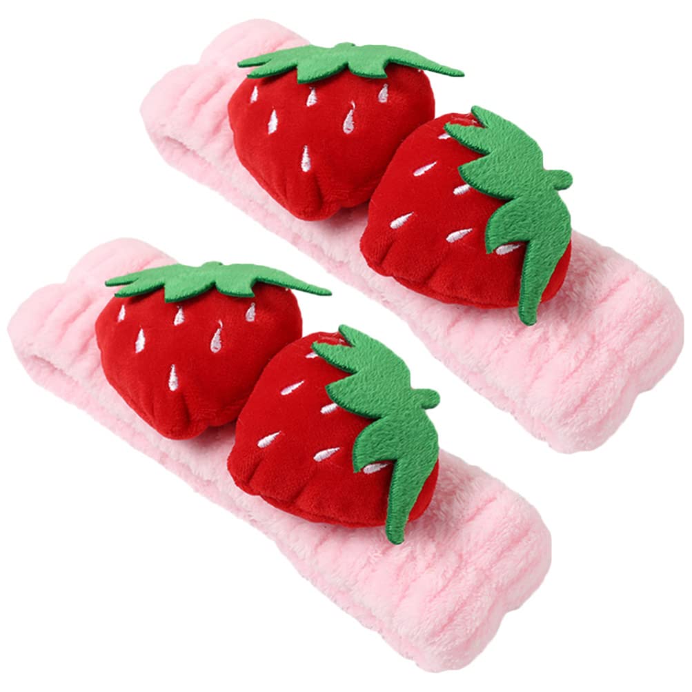 KALLORY 2pcs Strawberry Headband Facial Makeup Headband Face Wash Band Elastic Spa Hair Band Cute Girl Head Wraps Makeup Supplies for Women Girls
