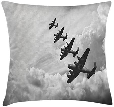 Airplane Throw Pillow Cushion Cover by Ambesonne, Retro Lancaster Bomber Jets from Battle Royal Air Force in Clouds Plane Photo, Decorative Square Accent Pillow Case, 16 X 16 Inches, Black White