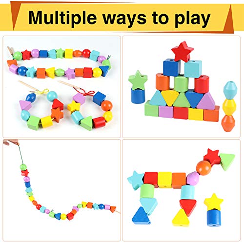 Atoylink 42PCS Lacing Beads Montessori Toys for Toddlers Wooden Primary