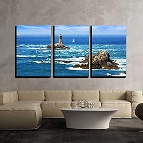 3 Piece Canvas Wall Art - Lighthouse on Cape Sizun, Pointe du Raz Brittany, France - Modern Home Art Stretched and Framed Ready to Hang - 16"x24"x3 Panels
