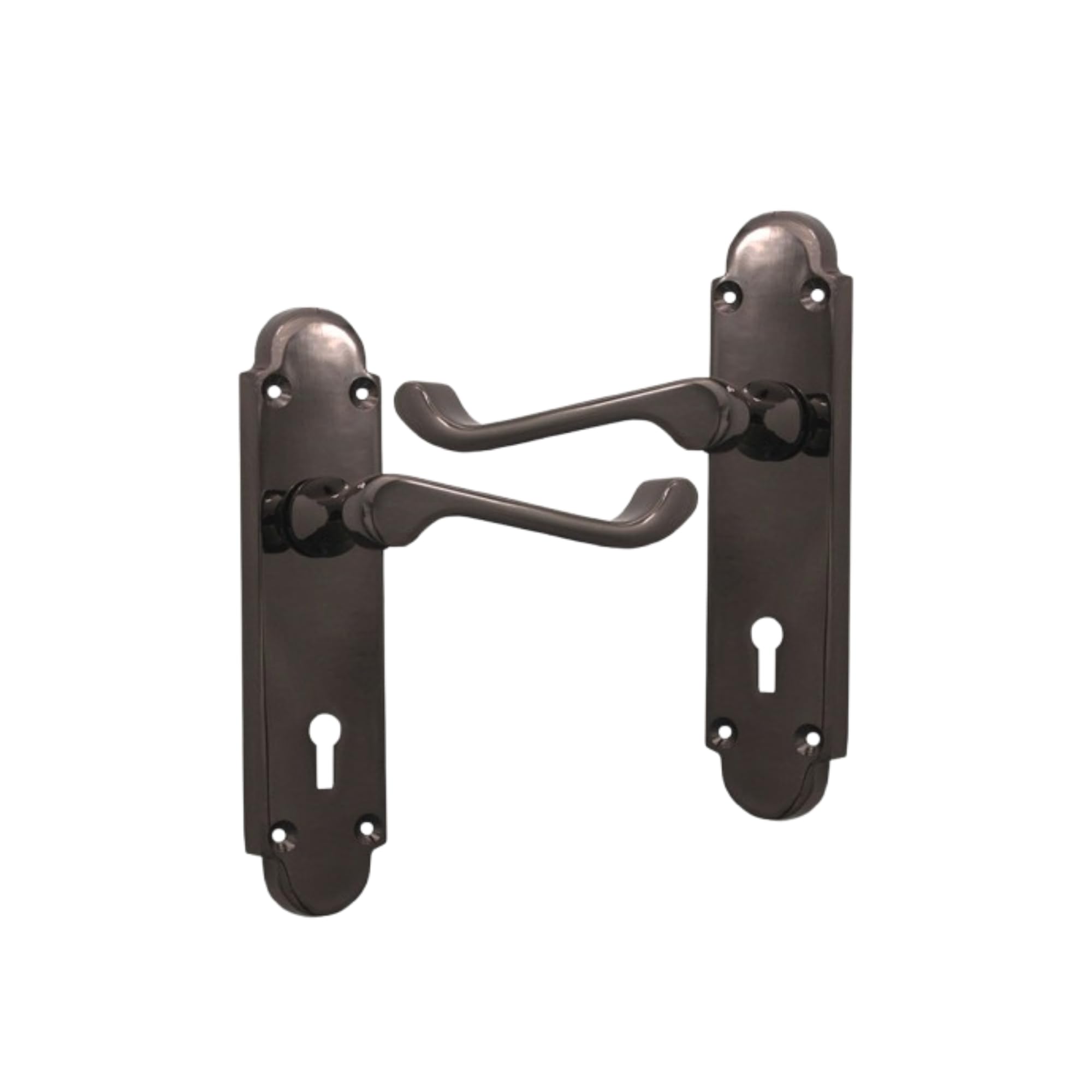 Infinity Decor Pair of Victorian Scroll Black Nickel Curved Lever on Shaped Backplate Keyhole Lock Door Handles Set - Ideal for Interior & Exterior Doors