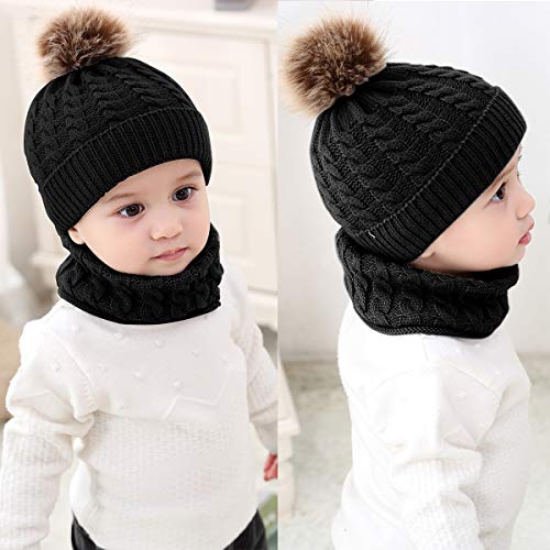 Yinuoday 2PCS Toddler Baby Knit Hat Scarf Winter Warm Beanie Cap with Circle Loop Scarf Neckwarmer