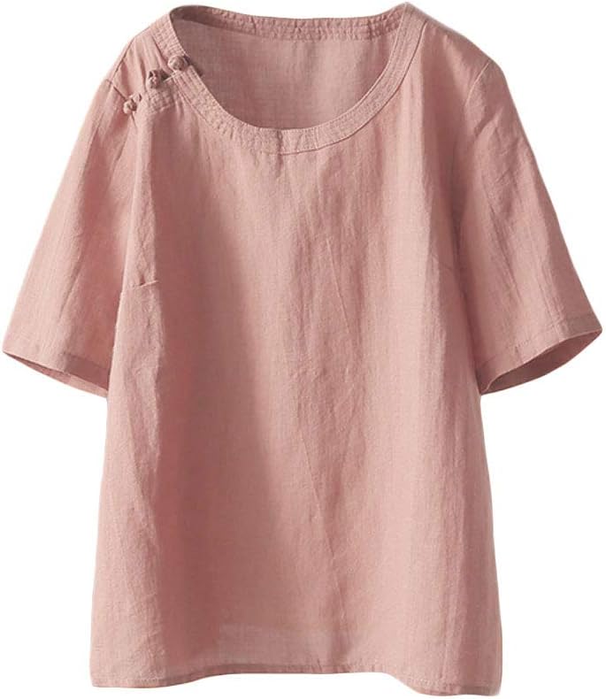 Women's Cotton Linen Shirts Summer Short Sleeve Tunic Tops