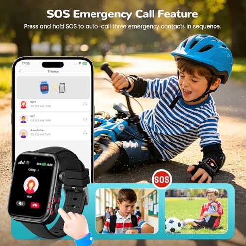 SWGOTA Reloj Inteligente Niño, Smartwatch Niños con 4G Videollamada/GPS, Chat de Voz/Modo Escuela/Whatsapp/WiFi/SMS/SOS/Podómetro/5 Modos Deportivos, IP68 Impermeable Regalo para Niñas Niños, Negro