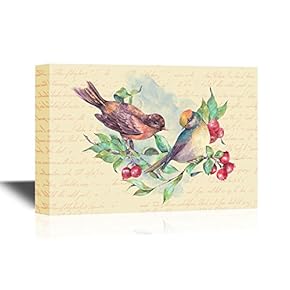 Canvas Wall Art - Pair of Birds on a Branch with Red Berries on Letter Text Background - Gallery Wrap Modern Home Art | Ready to Hang - 12x18 inches