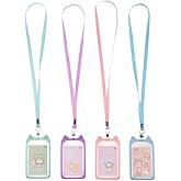 IUAQDP 4 Pieces Cute Cat Ear Shape ID Badge Holder with Detachable Lanyard, Cartoon Animal Shape Silicone Card Protective Cover, Vertical Waterproof Plastic Clear Scannable Name Tag Neck Pouch