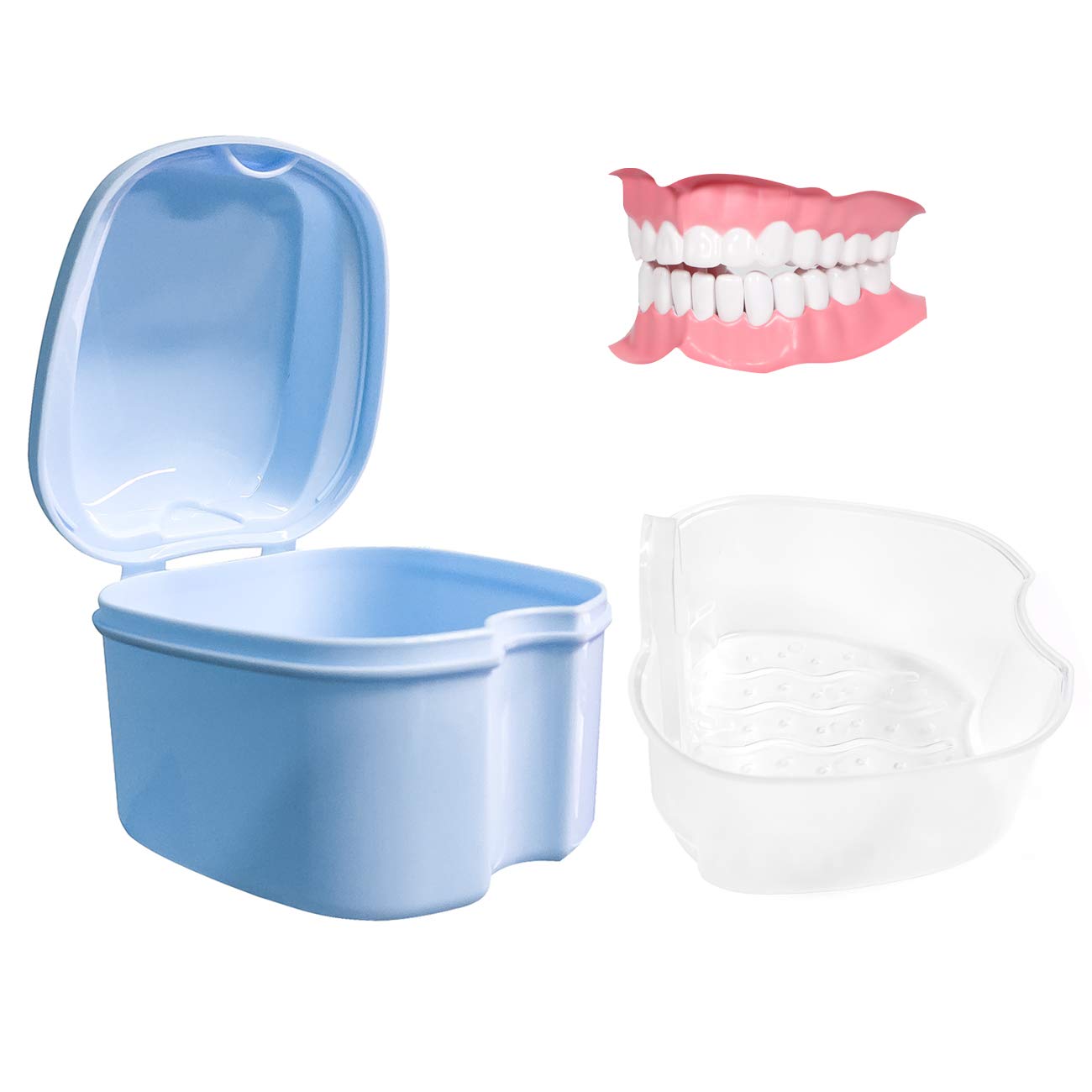 Denture Box Case with Brush, Travel Portable False Teeth Cup with Strainer, Denture Bath Container for Complete Cleaning Care (Light Blue) : Beauty