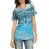 Affliction Sinful Women Tee Short Slvs Crystal Cross Rose Crew Neck in Turquoise