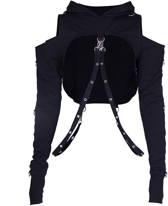 Amazon Jinpin フーディー パーカー レディース トレーナー ダンス ショート ベルト ファッション オフショルダー 長袖 へそ出し カットソー 原宿風 ゴシック ゴスロリ イベント ストリート フード付き セクシー カジュアル ハロウィン トレーナー パーカー 通販