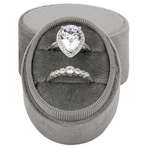 Koyal Wholesale Double Oval Velvet Ring Box, Vintage Wedding Ceremony Ring Box with Detachable Lid, 2 Piece Engagement Ring Box Holder, Proposal Idea, Slim Ring Box with Cushion (Slate Gray)