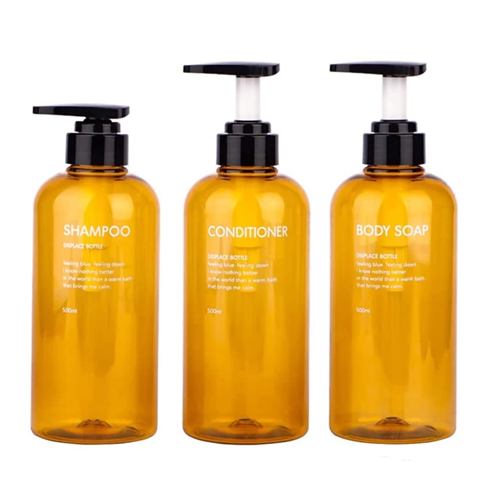 3 Pack Shampoo Bottle Pump Dispenser, 500ml Empty Plastic Soap Dispenser Bottle with Pump for Bathroom, Kitchen or Hotel, Refillable Dispenser for Lotion, Shower Gel and Conditioner Amber-fbm