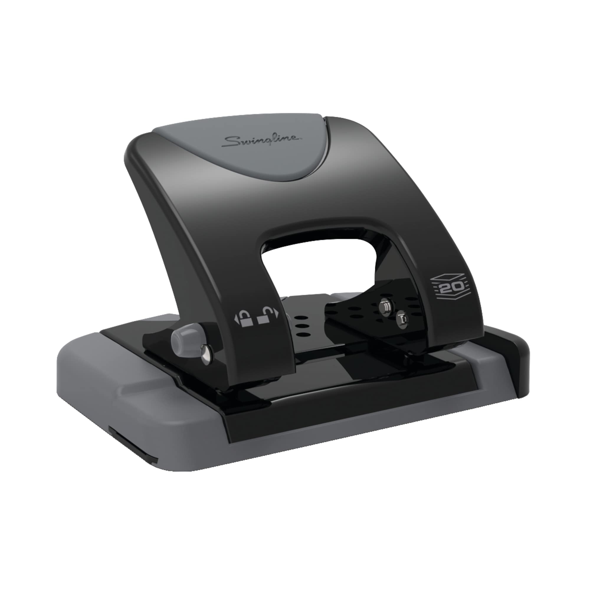Swingline 2 Hole Punch, 20 Sheet Capacity Hole Puncher, Paper Punch, SmartTouch Low Effort Comfort Handle, Alignment Guide, Black & Gray (74135)