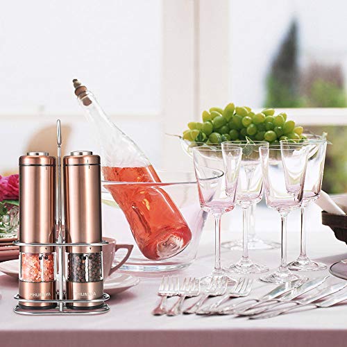 Phunaya Electric Salt and Pepper Grinder Set With Upgraded Motor | Complimentary 304 Stainless Steel Mill Stand | LED Light |Battery Operated | Adjustable Ceramic Coarseness |set of 2