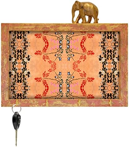 wall mounted wooden Key holder/painting frame/mini shelf with beautiful vintage flowers and leaves painting in blue red and orange color scheme.