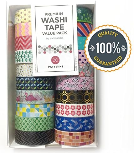 Premium Washi Tape Set 20 Rolls .59in x 33ft each. Patterned Masking Tapes + 2 Foil. Turn Simple Things Into Beautiful Ones. Add Creativity to Scrapbooking, DIY, Gift Wrapping, Bullet Journals &amp; More!