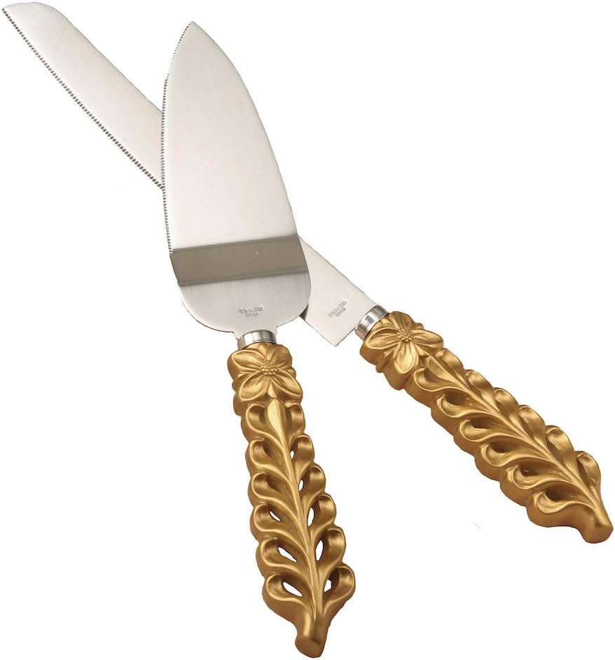 FASHIONCRAFT 2528 Gold Lattice Botanical Collection Stainless Cake Knife Set, One Set includes the Cake knife and Cake Server