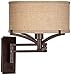Franklin Iron Works Tremont Rustic Farmhouse Swing Arm Wall Lamp Bronze Plug-in Light Fixture Dimmable Tan Burlap Drum Shade for Bedroom Bedside House Reading Living Room Home Hallway Dining