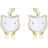 SLUYNZ 925 Sterling Silver Cute Cat Studs Earrings for Women Teens White Cat Earrings Studs Cat Gift for Cat Lovers