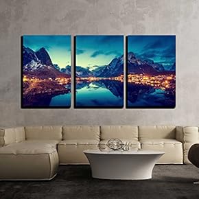 3 Piece Canvas Wall Art - Sunset in Reine Village, Lofoten Islands, Norway - Modern Home Art Stretched and Framed Ready to Hang - 16"x24"x3 Panels
