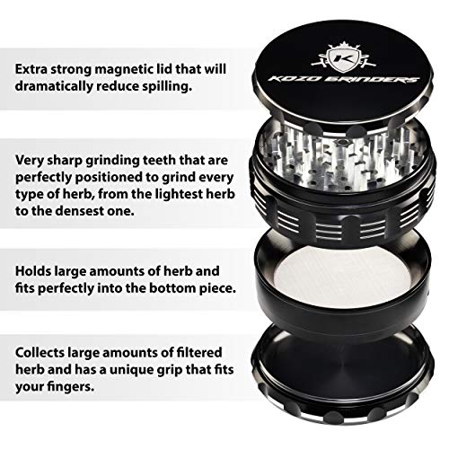 Kozo Best Herb Grinder [Upgraded Version]. Large 4 Piece, 4" Black Aluminum Pricepulse