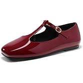 Coutgo Womens Mary Jane Flats T-Strap Closed Square Toe Ballet Flats Ankle Strap Dress Shoes
