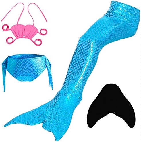 Chenzengdi Kids Girls 4 Pcs Mermaid Tail Swimable with Monofin Bathingsuit (130, Blue2)