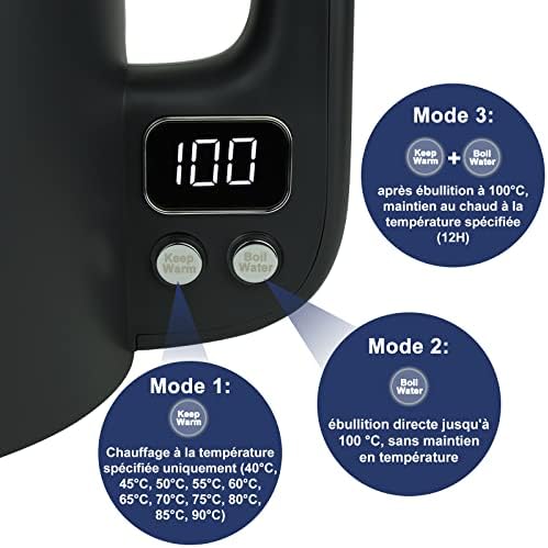 1,7l Bouilloire En Acier Inoxydable 304 Avec 11 Températures, 1800W Protection Contre les Brûlures à sec, Double Protection Contre L'Ébouillantage, Contrôle De Précision Par Led 40°C-100°C