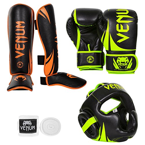 Venum Challenger 2.0 Neo Standup Bundle, Black/Yellow Gloves, Black/Orange Shinguards, Black/Yellow Headgear, White Handwraps, 10 oz Gloves, Large Shinguards