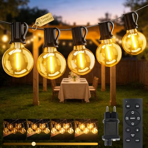 Outdoor Light Chain 20 m, Waterproof Outdoor Garden Lights, LED Light Bulbs Outdoor Garden Dimmable with Remote Control, Outdoor String Lights for Decorative Festivals, Weddings, Terraces