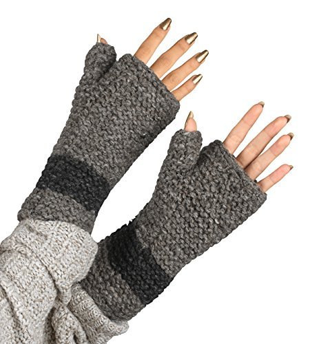100% Wool Fingerless Gloves Arm Warmer Winter Warm Fleece Lining Gloves Hand Knit Crochet Woman Cable Thumb Hole (Grey)