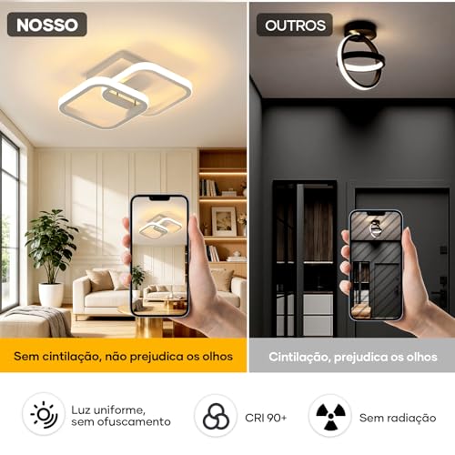 Trailabo Luminária LED de Teto, Duas Luminária Quadrado + Duas Fitas de Luz Circulares, Iluminação Ajustável em Três Cores, para Sala e Quarto, 3000-6000K (Branco)