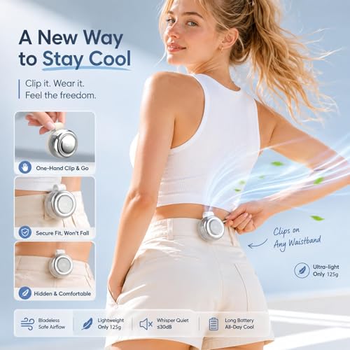 TFQXA1Z Ultra-Quiet Bladeless Clip-On Fan, 360° Rotatable Personal Fan with Digital Display, 5-Speed Rechargeable Mini Fan for Home, Office, School, Summer Gift (White)