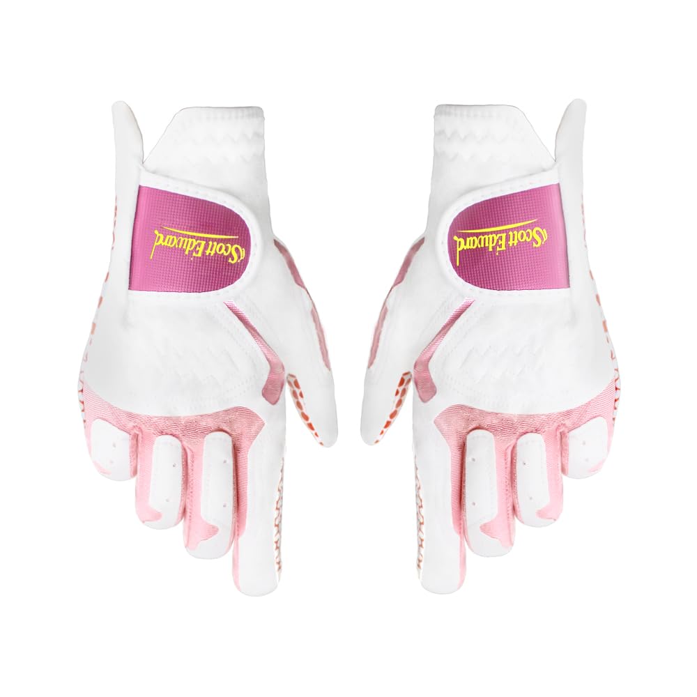 Scott Edward 1 Pair Microfiber Women's Golf Gloves Both Hand, 2 Pack Left Right Hand Nylon Buckle Ladies Sports Gloves, Non-slip Wear-resistant Gloves, Enhanced Grip And Comfort (Pink, 18)